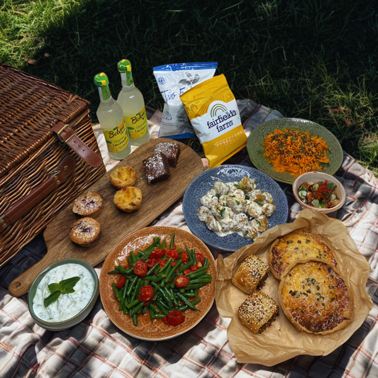 Picnic spread with food items on a checkered blanket outdoors